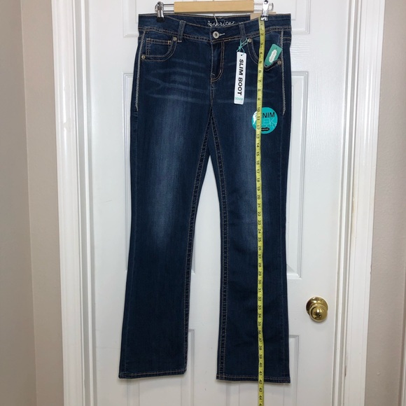 Maurices Stretchy Blue Wash Mid Rise Embellished Pockets Slim Boot Jeans 11/12 - Picture 14 of 16